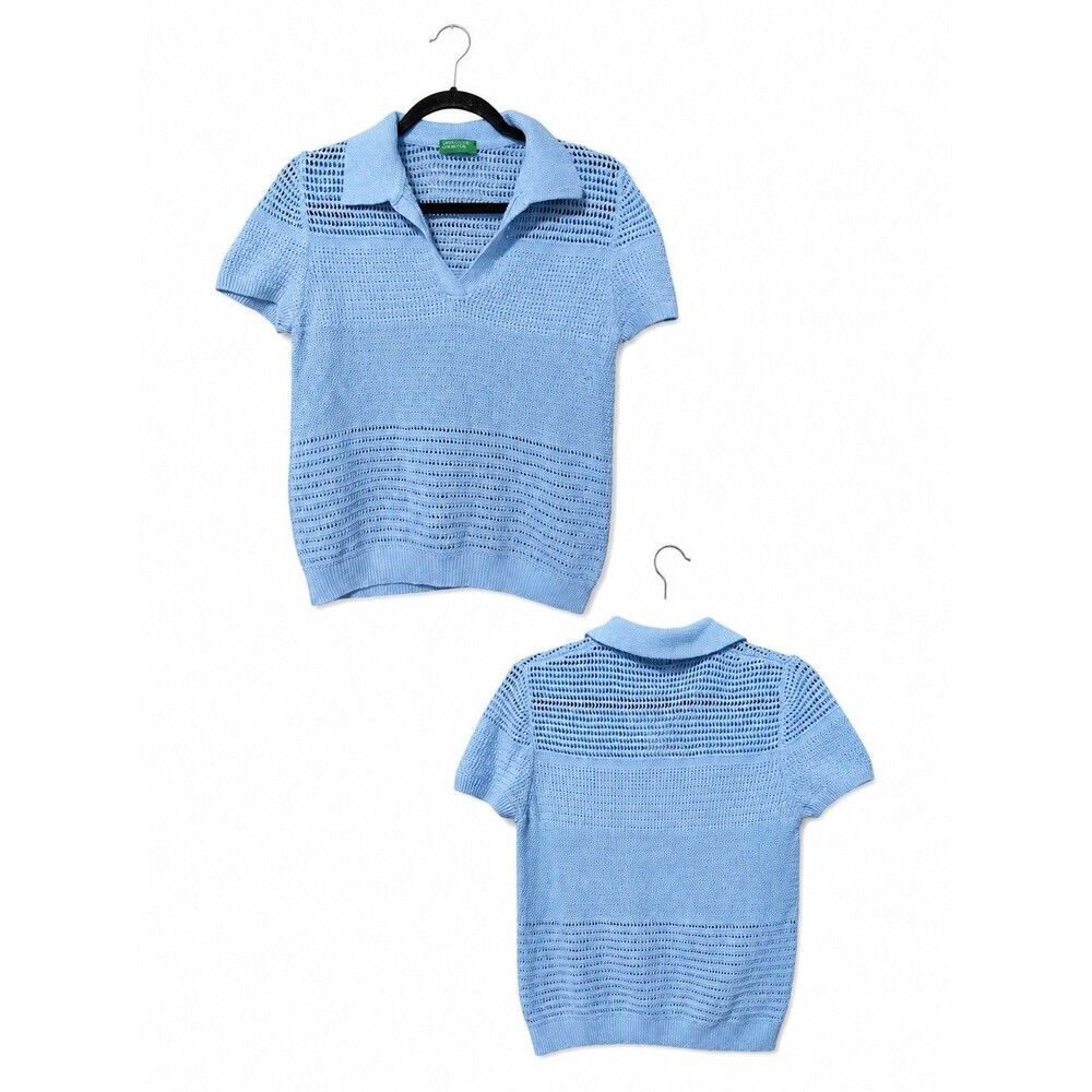 United Colors Of Benetton Knit Polo Sweater Top Blue Open Knit Size M